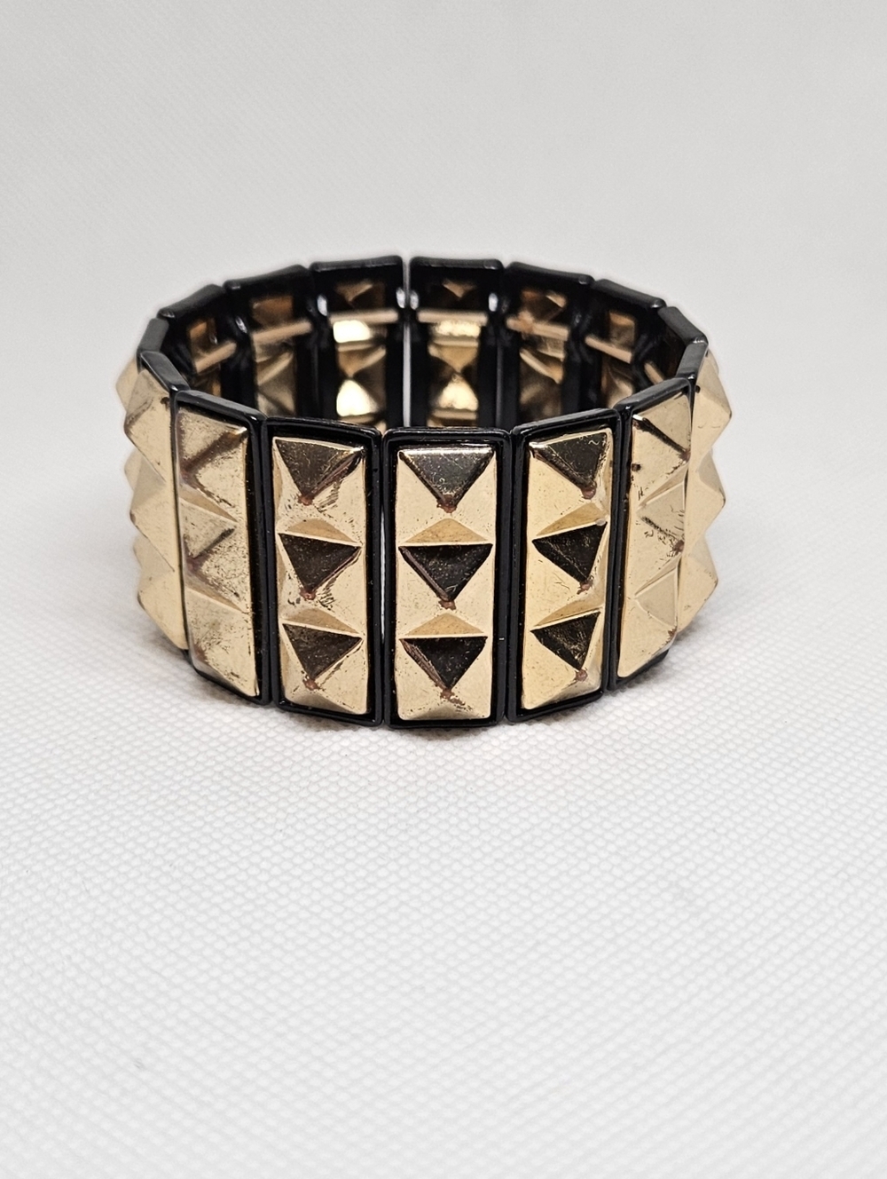 Gold Studded Stretch Bracelet Black Enamel Pyramid Link Bold
